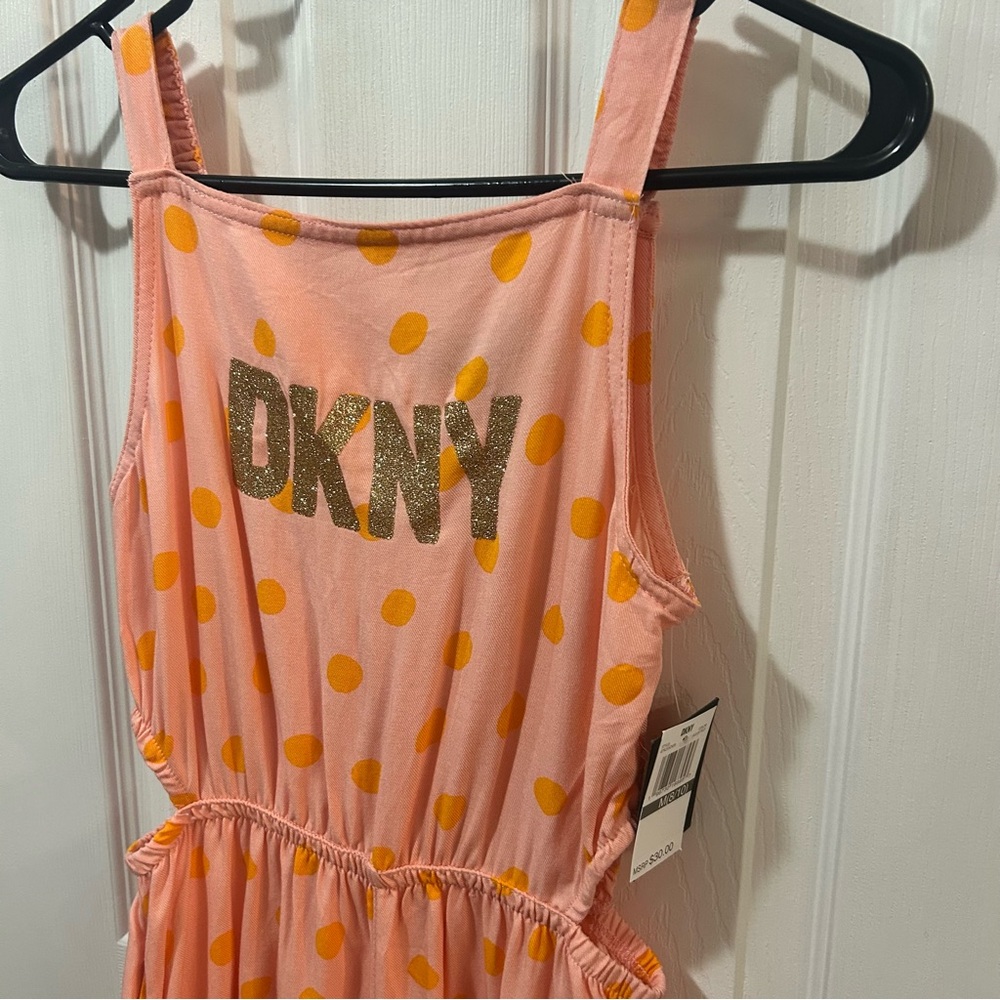 DKNY Girls Medium Romper Cut Out Side Pink Orange Polka Dot NWT Sleeveless - Picture 3 of 8